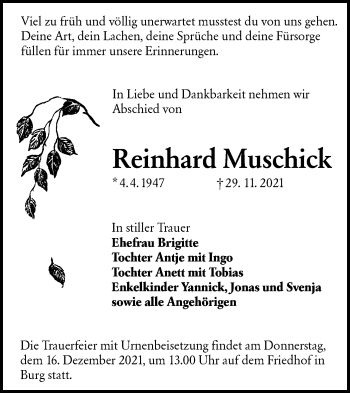 Traueranzeige von Reinhard Muschick von lausitzer_rundschau