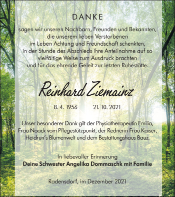 Traueranzeige von Reinhard Ziemainz von lausitzer_rundschau