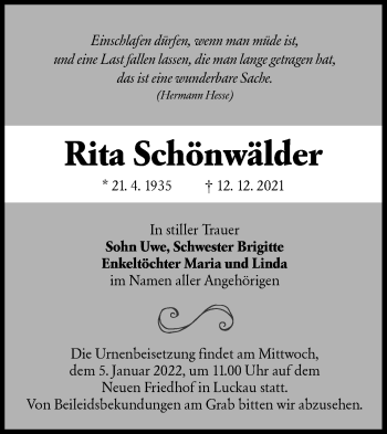 Traueranzeige von Rita Schönwälder von lausitzer_rundschau