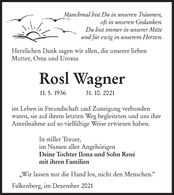 Traueranzeige von Rosl Wagner von lausitzer_rundschau
