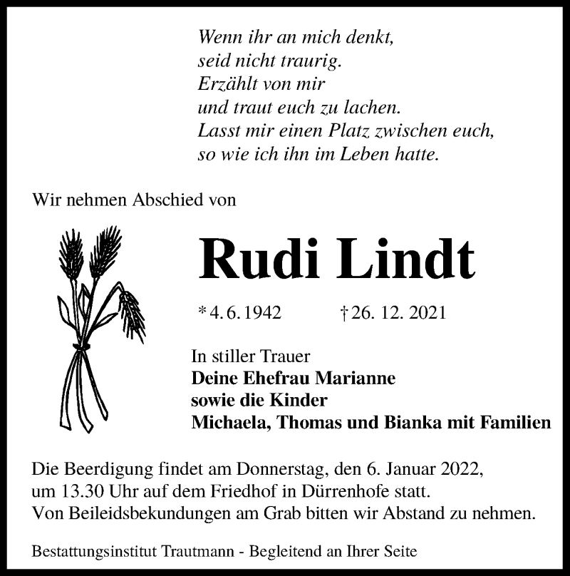  Traueranzeige für Rudi Lindt vom 31.12.2021 aus lausitzer_rundschau