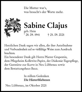 Traueranzeige von Sabine Clajus von lausitzer_rundschau