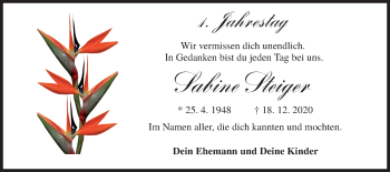 Traueranzeige von Sabine Steiger von lausitzer_rundschau