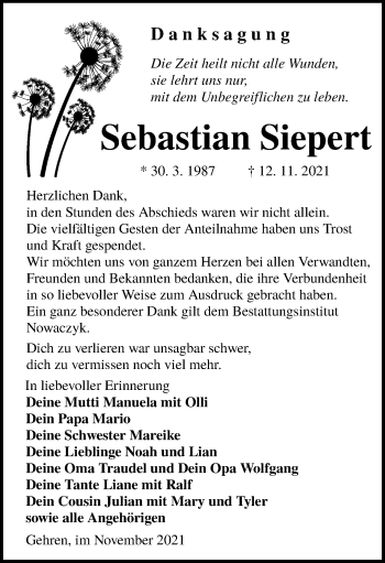 Traueranzeige von Sebastian Siepert von lausitzer_rundschau