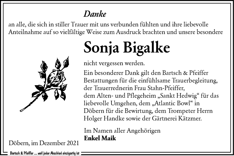  Traueranzeige für Sonja Bigalke vom 04.12.2021 aus lausitzer_rundschau
