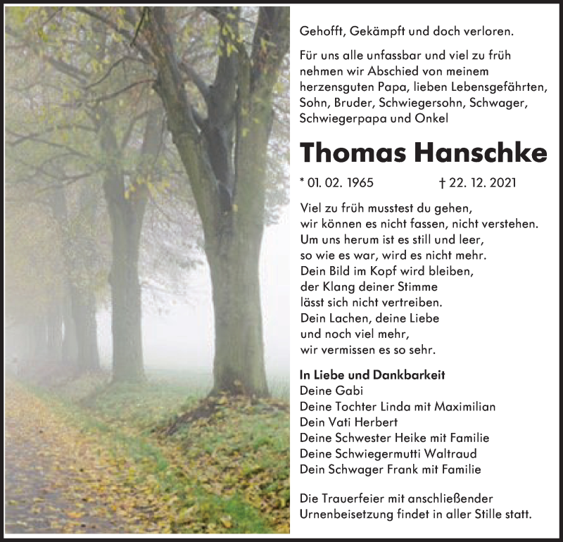  Traueranzeige für Thomas Hanschke vom 29.12.2021 aus lausitzer_rundschau