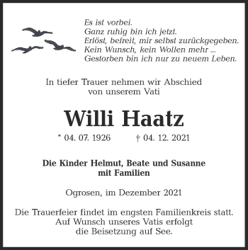 Traueranzeige von Willi Haatz von lausitzer_rundschau