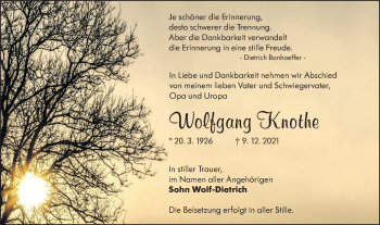 Traueranzeige von Wolfgang Knothe von lausitzer_rundschau