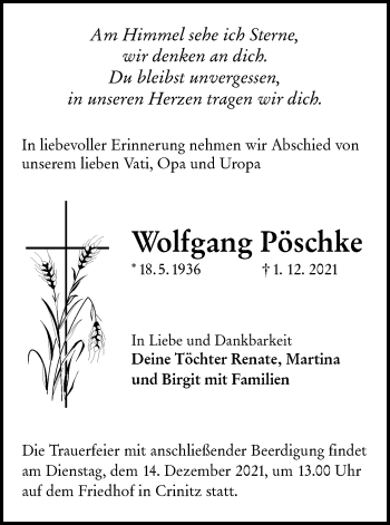 Traueranzeige von Wolfgang Pöschke von lausitzer_rundschau
