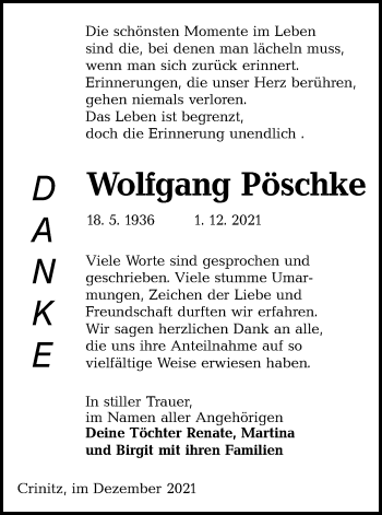 Traueranzeige von Wolfgang Pöschke von lausitzer_rundschau