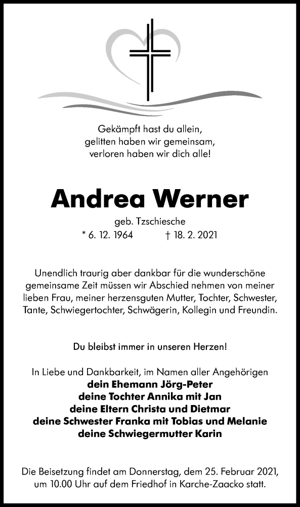  Traueranzeige für Andrea Werner vom 20.02.2021 aus lausitzer_rundschau