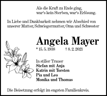 Traueranzeige von Angela Mayer von lausitzer_rundschau