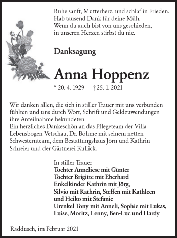 Traueranzeige von Anna Hoppenz von lausitzer_rundschau