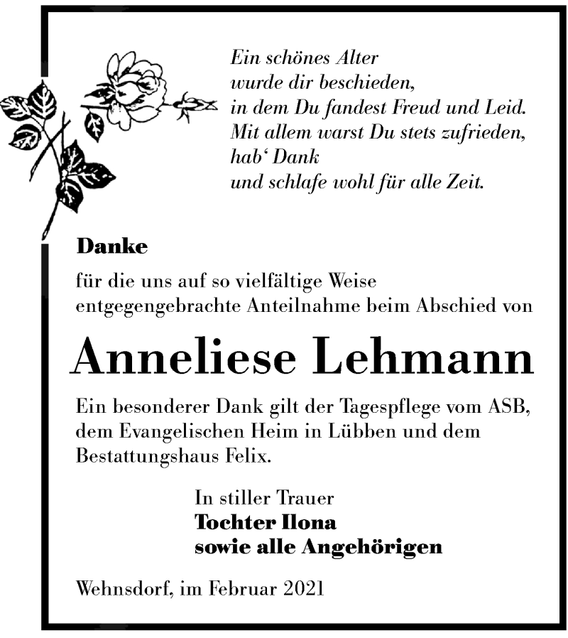  Traueranzeige für Anneliese Lehmann vom 20.02.2021 aus lausitzer_rundschau