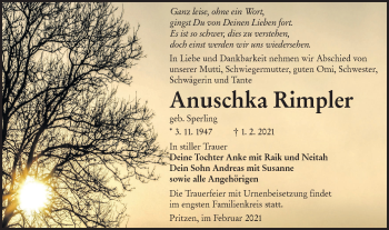 Traueranzeige von Anuschka Rimpler von lausitzer_rundschau