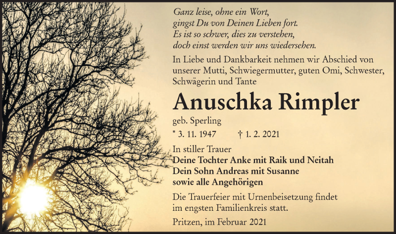  Traueranzeige für Anuschka Rimpler vom 13.02.2021 aus lausitzer_rundschau