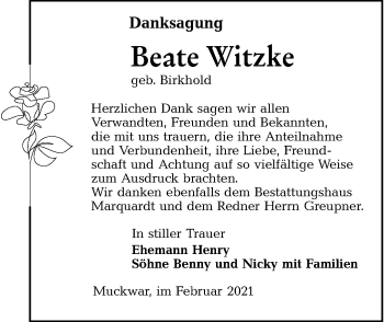 Traueranzeige von Beate Witzke von lausitzer_rundschau