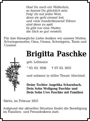Traueranzeige von Brigitta Paschke von lausitzer_rundschau