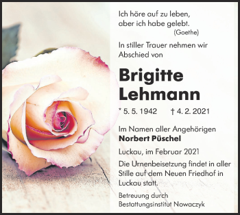 Traueranzeige von Brigitte Lehmann von lausitzer_rundschau