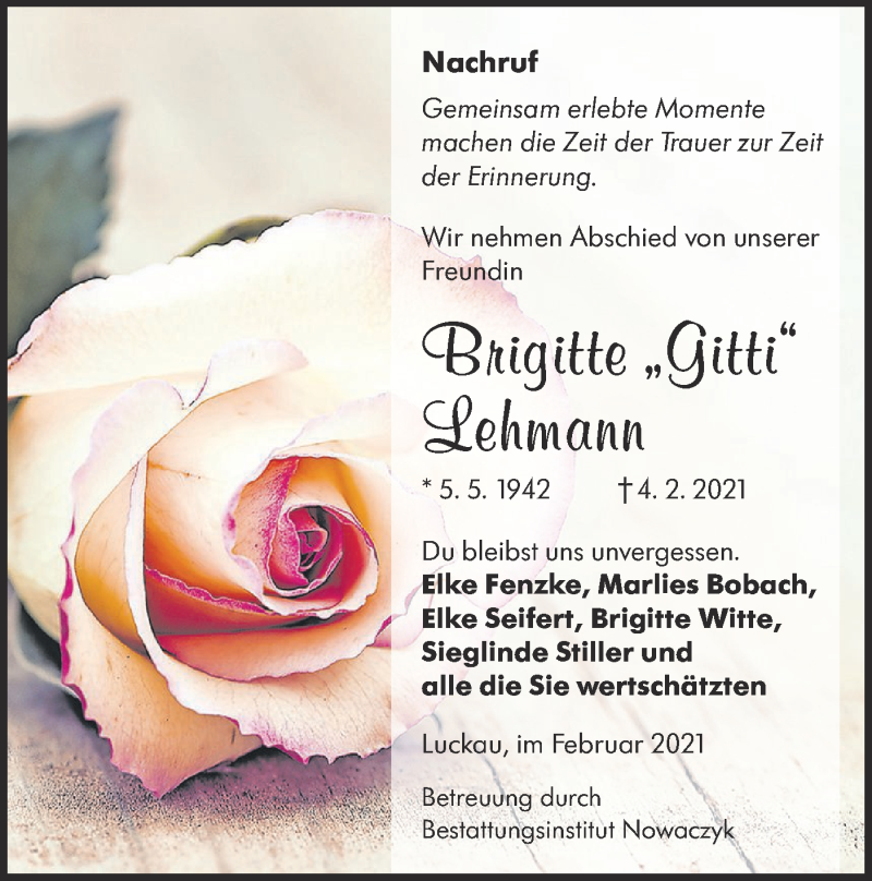  Traueranzeige für Brigitte Lehmann vom 20.02.2021 aus lausitzer_rundschau
