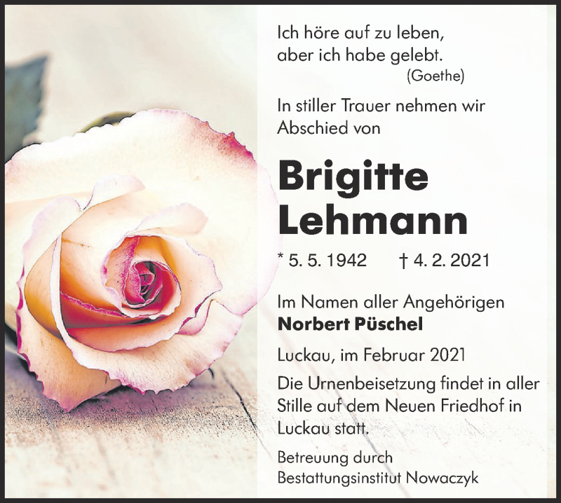  Traueranzeige für Brigitte Lehmann vom 13.02.2021 aus lausitzer_rundschau