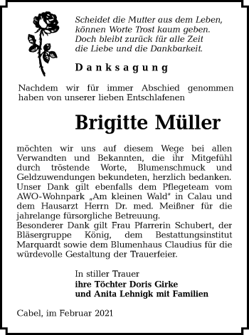 Traueranzeige von Brigitte Müller von lausitzer_rundschau