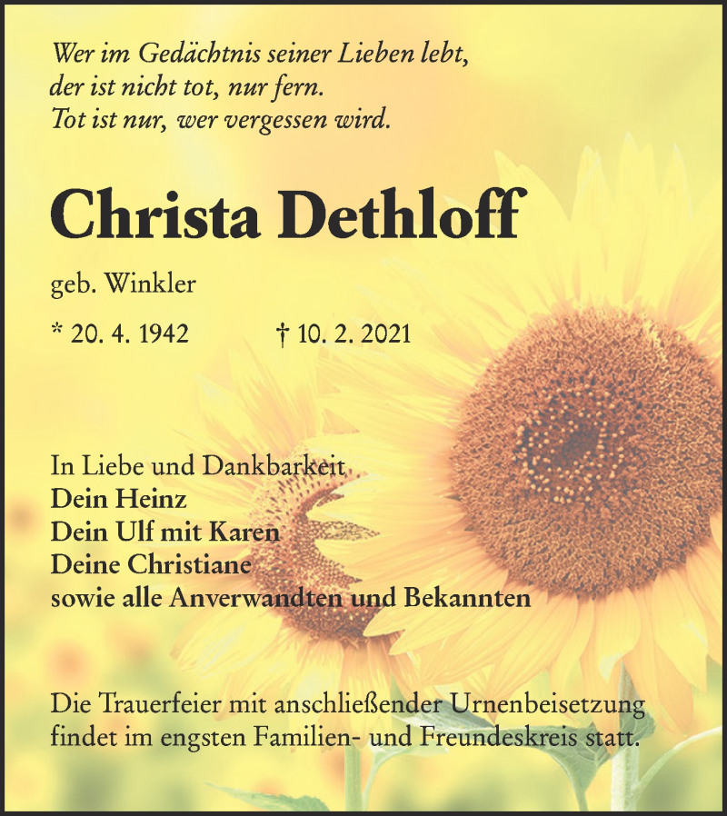  Traueranzeige für Christa Dethloff vom 20.02.2021 aus lausitzer_rundschau
