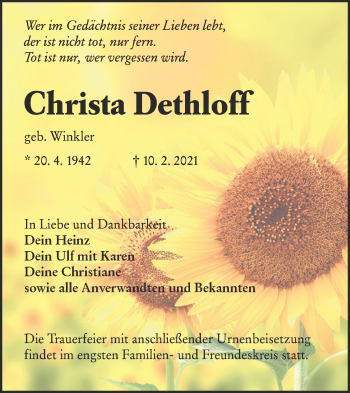 Traueranzeige von Christa Dethloff von lausitzer_rundschau