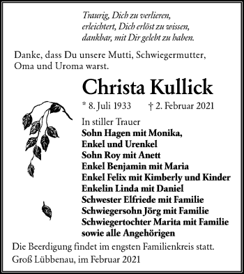 Traueranzeige von Christa Kullick von lausitzer_rundschau