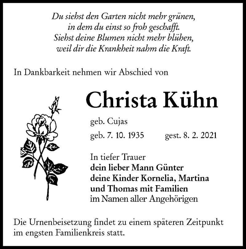  Traueranzeige für Christa Kühn vom 13.02.2021 aus lausitzer_rundschau