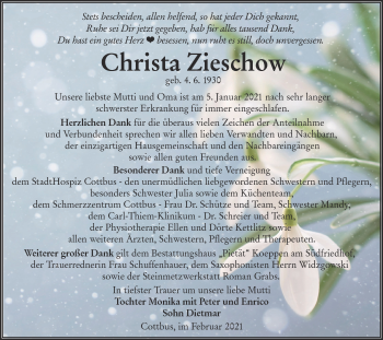 Traueranzeige von Christa Zieschow von lausitzer_rundschau