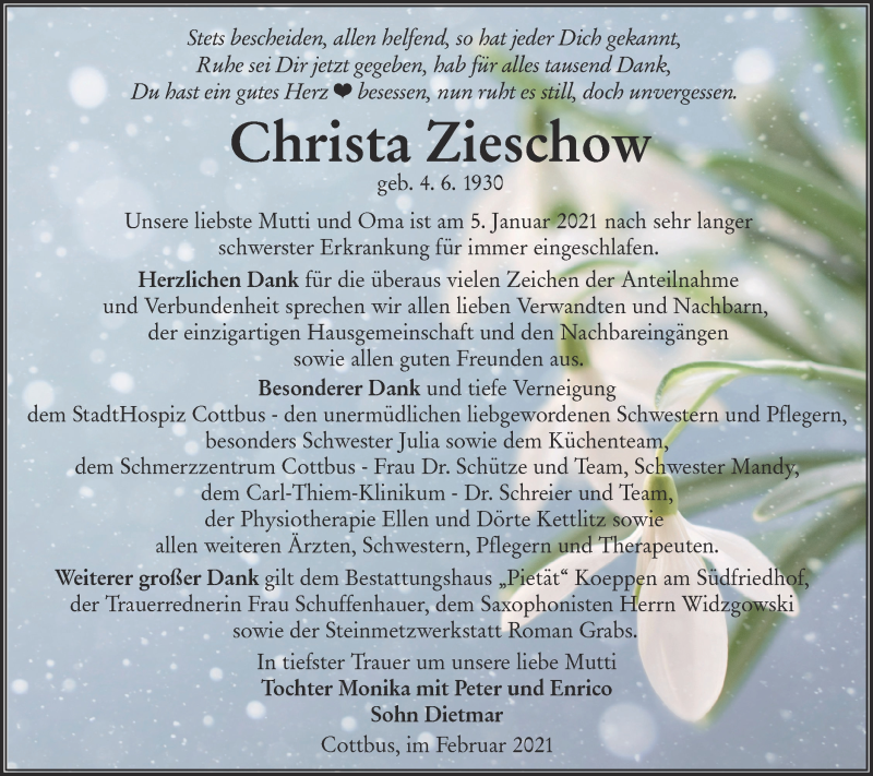  Traueranzeige für Christa Zieschow vom 06.02.2021 aus lausitzer_rundschau