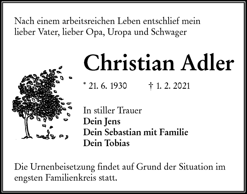  Traueranzeige für Christian Adler vom 13.02.2021 aus lausitzer_rundschau