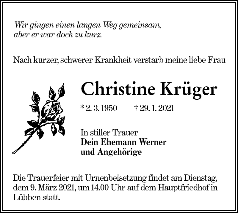  Traueranzeige für Christine Krüger vom 05.02.2021 aus lausitzer_rundschau