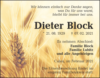 Traueranzeige von Dieter Block von lausitzer_rundschau