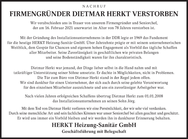  Traueranzeige für Dietmar Herkt vom 27.02.2021 aus lausitzer_rundschau
