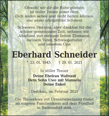 Traueranzeige von Eberhard Schneider von lausitzer_rundschau