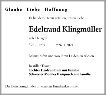 Traueranzeige von Edeltraud Klingmüller von lausitzer_rundschau