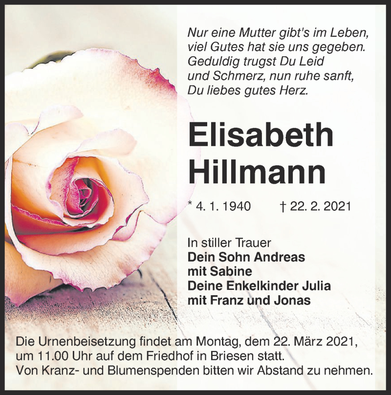  Traueranzeige für Elisabeth Hillmann vom 27.02.2021 aus lausitzer_rundschau