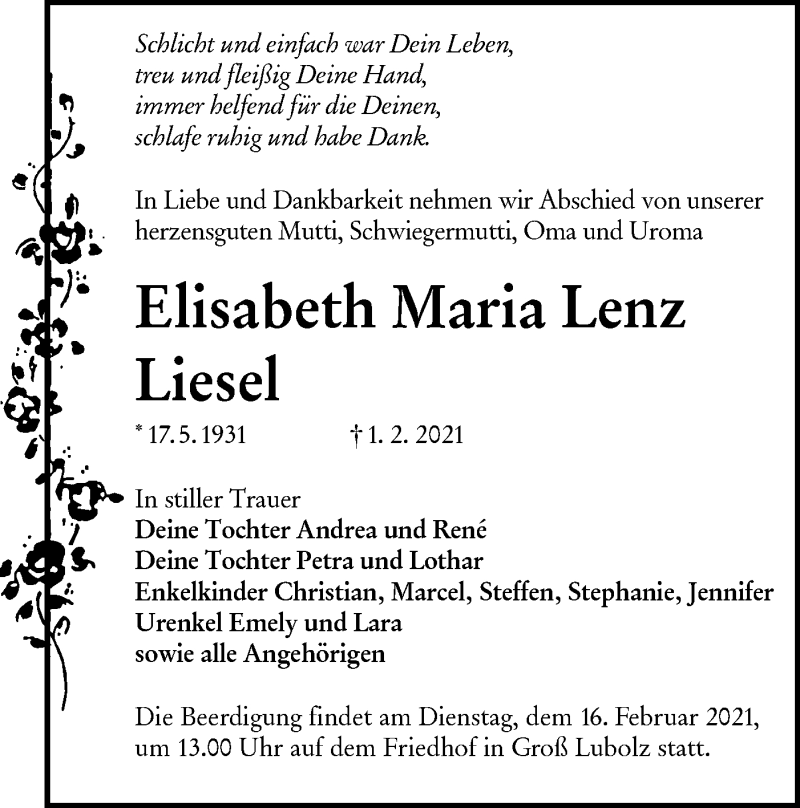  Traueranzeige für Elisabeth Maria Lenz vom 13.02.2021 aus lausitzer_rundschau
