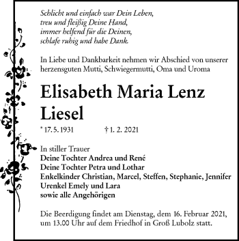 Traueranzeige von Elisabeth Maria Lenz von lausitzer_rundschau