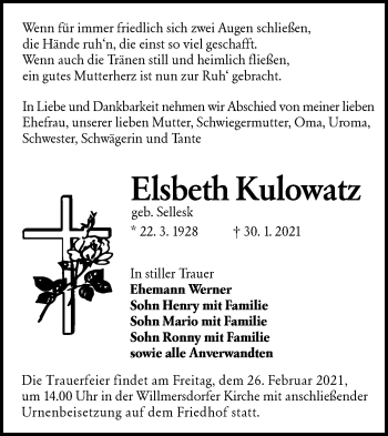 Traueranzeige von Elsbeth Kulowatz von lausitzer_rundschau