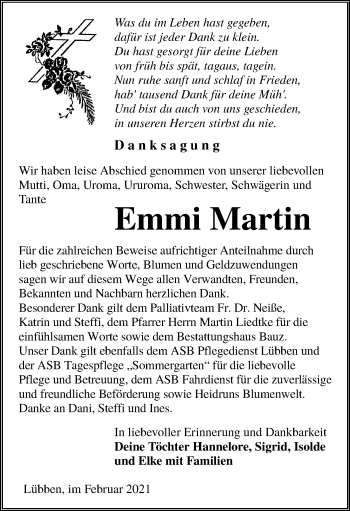 Traueranzeige von Emmi Martin von lausitzer_rundschau
