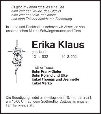 Traueranzeige von Erika Klaus von lausitzer_rundschau