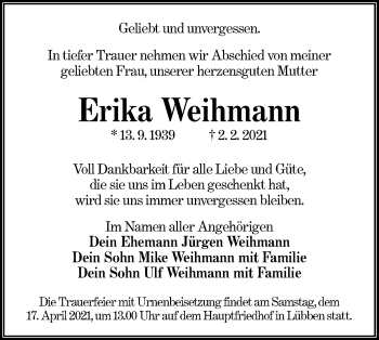 Traueranzeige von Erika Weihmann von lausitzer_rundschau