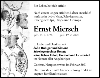 Traueranzeige von Ernst Miersch von lausitzer_rundschau