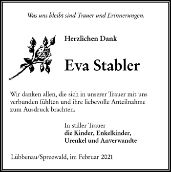 Traueranzeige von Eva Stabler von lausitzer_rundschau