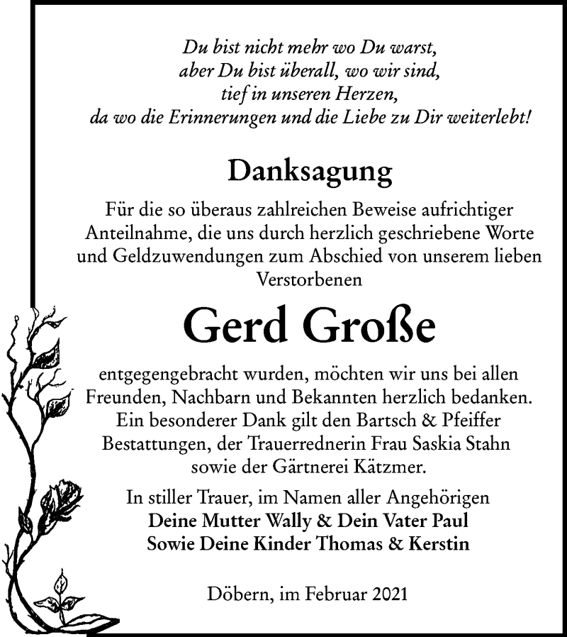 Traueranzeige für Gerd Große vom 06.02.2021 aus lausitzer_rundschau