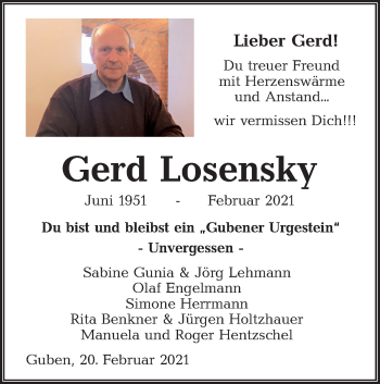Traueranzeige von Gerd Losensky von lausitzer_rundschau