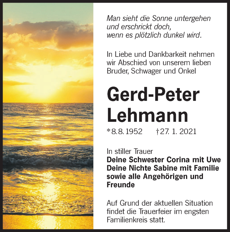  Traueranzeige für Gerd-Peter Lehmann vom 06.02.2021 aus lausitzer_rundschau